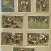 Trade cards depicting baby Jupiter sitting on his planet, the Japanese flag, a dove and children playing outdoors