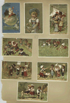 Trade cards depicting baby Jupiter sitting on his planet, the Japanese flag, a dove and children playing outdoors