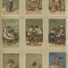 Trade cards depicting fish, an infant sitting on top of Mars, puppets, an insect pulling a toy, children : wearing kimonos, holding a flag, playing with dolls and painting a portrait
