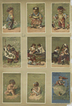 Trade cards depicting fish, an infant sitting on top of Mars, puppets, an insect pulling a toy, children : wearing kimonos, holding a flag, playing with dolls and painting a portrait