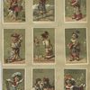 Trade cards depicting children, swords, a dog, a telescope, a rodent, an accordion, a mask, an easel, a top, a doll house and a toy boat