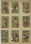 Trade cards depicting children, swords, a dog, a telescope, a rodent, an accordion, a mask, an easel, a top, a doll house and a toy boat