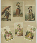Trade cards depicting children : fishing, with an umbrella and in ragged clothing ; cards depicting the following flowers personified : fuchsia, honeysuckle and tulip.