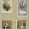Trade cards depicting flowers, birds, a fence, a woman with a parasol, a boy wearing adult clothing and a boy sharpening a knife.