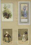 Trade cards depicting flowers, birds, a fence, a woman with a parasol, a boy wearing adult clothing and a boy sharpening a knife.