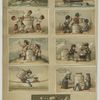 Trade cards depicting children eating, carrying and cooking jars of meat in various locations : on a tightrope, ocean, mountains and beach.