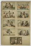 Trade cards depicting children eating, carrying and cooking jars of meat in various locations : on a tightrope, ocean, mountains and beach.