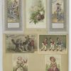 Trade cards depicting flowers, women, children, child soldiers, roses, fences, birds, flowers personified, a butterfly and a dog being washed.