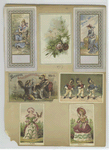 Trade cards depicting flowers, women, children, child soldiers, roses, fences, birds, flowers personified, a butterfly and a dog being washed.