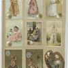 Trade cards depicting thread, children, babies, women, snow, candle, umbrella, butterfly, turtle, birds, music playing, a painting palette, a couple in the woods and a flower personified.