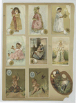 Trade cards depicting thread, children, babies, women, snow, candle, umbrella, butterfly, turtle, birds, music playing, a painting palette, a couple in the woods and a flower personified.