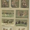 Trade cards depicting jockeys, horses, soldiers, a duchess, a wedding, a horse race, running, crying, flowers personified and children in high chairs.