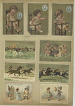 Trade cards depicting jockeys, horses, soldiers, a duchess, a wedding, a horse race, running, crying, flowers personified and children in high chairs.