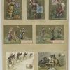 Trade cards depicting cats writing, rabbits traveling on bicycles, a woman upset about a courtship, women from various countries holding flags and postage stamps