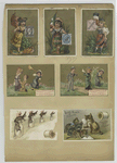 Trade cards depicting cats writing, rabbits traveling on bicycles, a woman upset about a courtship, women from various countries holding flags and postage stamps