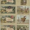 Trade cards depicting children, flowers, ducklings, frogs, cats, hot air balloon, pond, teaching, sweeping and falling