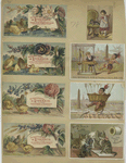 Trade cards depicting children, flowers, ducklings, frogs, cats, hot air balloon, pond, teaching, sweeping and falling