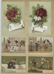 Trade cards depicting flowers, children, a Native American boy, a photographer, and a woman upset about a courtship.
