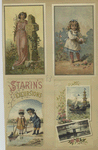 Trade cards depicting women, girls, boats, flowers, toys, bodies of water and the cross.