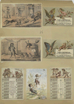 Calendars and trade cards depicting cats, dogs, adults, children, angels, butterflies, flowers, kite, winter, spring, a barn yard and a fire.