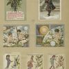 Trade cards depicting angels, flowers, men, a woman and a girl in the snow wearing a muff