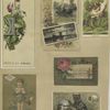 Trade cards depicting boats, flowers, cats, thread, a globe and a flower personified