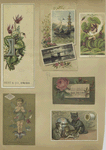 Trade cards depicting boats, flowers, cats, thread, a globe and a flower personified