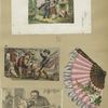 Trade cards depicting a fan, soap, yarn, knitting, laughing, a woman doing the laundry, a soldier talking to a girl.