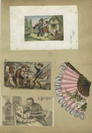 Trade cards depicting a fan, soap, yarn, knitting, laughing, a woman doing the laundry, a soldier talking to a girl.