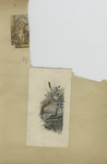 Cards depicting girls, flowers, hats, a horn, and a drawing of a house on a river
