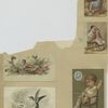 Trade cards depicting a vervain hummingbird, toys, birds, bee, dog, cat and children : playing the piano, brushing their hair, spanking their doll, and a miniature boy lying in the woods.