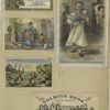 Trade cards depicting flowers, butterflies, mermaids, men wearing hats as shirts, a woman sewing, a girl playing with cats and a man in pajamas holding a crying baby