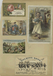 Trade cards depicting flowers, butterflies, mermaids, men wearing hats as shirts, a woman sewing, a girl playing with cats and a man in pajamas holding a crying baby