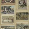 Trade cards depicting a kitchen, thread, railroads, boats, sailors at work, children smoking and drinking, a man presenting a woman with a birds nest and an insurance man visiting the home of a family