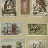 Trade cards depicting birds, cows, a woman holding a mask, children fishing with a net, children eating and drinking on a boat and cupid presenting a woman and child with shoe polish.