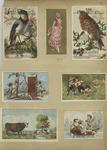 Trade cards depicting birds, cows, a woman holding a mask, children fishing with a net, children eating and drinking on a boat and cupid presenting a woman and child with shoe polish.