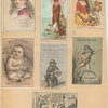 Trade cards depicting women, flowers, babies, a kitchen, a frog, fishing and an old man with a fan sitting on a barrel.