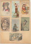 Trade cards depicting women, flowers, babies, a kitchen, a frog, fishing and an old man with a fan sitting on a barrel.