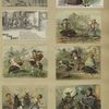 Trade cards depicting children playing with a cat and mouse, a father and stowaway son on the train, a family fighting, beetles : pulling a plow, being rode by boys, fencing with a boy, playing instruments and being eaten by a duck