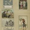 Trade cards depicting grass, jack-in-the-box, children, flowers, women rowing, large beetles acting as servants and a woman on the beach with a fishing net.