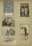Trade cards depicting grass, jack-in-the-box, children, flowers, women rowing, large beetles acting as servants and a woman on the beach with a fishing net.