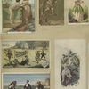 Trade cards depicting a badminton game, a baby fishing, an angel feeding a bird, women standing on a veranda, a flower personified, and a man wearing waterproof gear into the ocean
