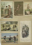 Trade cards depicting a badminton game, a baby fishing, an angel feeding a bird, women standing on a veranda, a flower personified, and a man wearing waterproof gear into the ocean