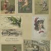 Trade cards depicting lily of the valley, a baby sitting on a rose leaf, an acrobat balancing bubbles on his nose, frogs making Pond's Extract, a woman and a miniature soldier on his knees, a boy using a meat jar as a boat and being pulled by ducks.