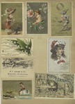 Trade cards depicting lily of the valley, a baby sitting on a rose leaf, an acrobat balancing bubbles on his nose, frogs making Pond's Extract, a woman and a miniature soldier on his knees, a boy using a meat jar as a boat and being pulled by ducks.
