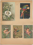 Trade cards depicting, babies, figures, flies, bees, a lily, a cracked egg, a bird eating a cracker, a butterfly net, a frog jumping through a ring.