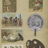 Trade cards depicting fans, painting palettes, sailboats, flowers, chickens, thread, rain, glass ball, umbrella, cats riding bicycles and dogs rocking a baby basket.
