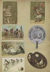 Trade cards depicting fans, painting palettes, sailboats, flowers, chickens, thread, rain, glass ball, umbrella, cats riding bicycles and dogs rocking a baby basket.