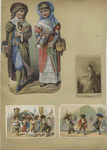 Trade cards depicting child soldiers, a woman named Evangeline and a boy and girl carrying : an umbrella, flowers, bags, books and a bird card