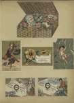 Trade cards depicting flowers, bees, doves, acrobats, Asians, a butterfly net and a baby in a wicker briefcase of flowers